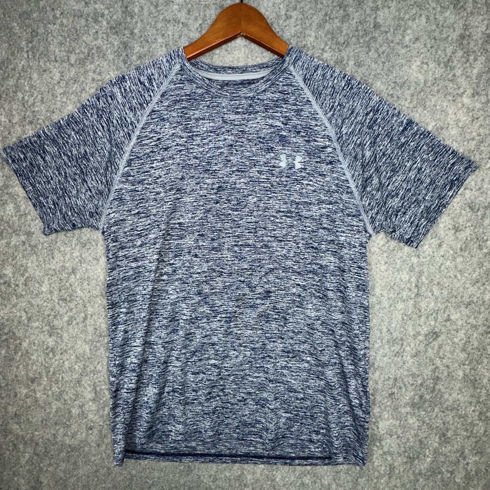 Under Armour Shirt Mens M Heather Blue Short Sleeve Workout Loose Heatgear Gym